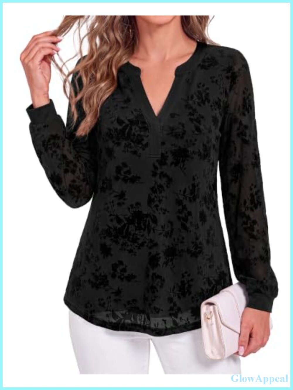 Womens Sheer Mesh Floral Tunic Blouse V Neck Puff Sleeve Double Layer